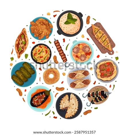 Turkish Food and Dish Round Composition Design Vector Template