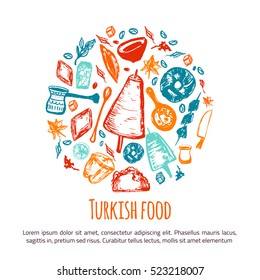 Turkish food hand drawn circle banner with lettering and beverages with Kebab, Dolma, Shakshuka. Freehand vector doodles isolated on white background