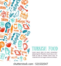 Turkish food hand drawn set with lettering and beverages with Kebab, Dolma, Shakshuka. Freehand vector doodles isolated on white background