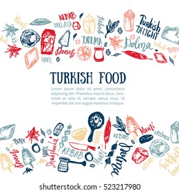 Turkish food hand drawn set with lettering and beverages with Kebab, Dolma, Shakshuka. Freehand vector doodles isolated on white background