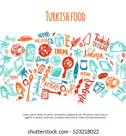 Turkish food hand drawn set with lettering and beverages with Kebab, Dolma, Shakshuka. Freehand vector doodles isolated on white background