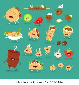 turkish food  kebab funny set. Vector illustration. Cute, funny image. Use for card, poster, banner, web design and print on t-shirt. Easy to edit.