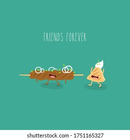 turkish food lula kebab flatbread with sauce friends forever. Vector illustration. Cute, funny image. Use for card, poster, banner, web design and print on t-shirt. Easy to edit.
