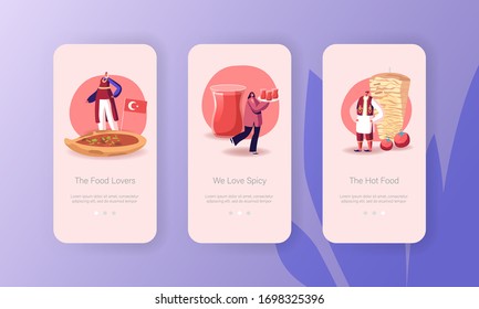 Turkish Food Mobile App Page Onboard Screen Template. Tiny People Characters Culinary Workshop Cooking Tutorial, Restaurant or Bistro Menu, Eastern Cuisine Tourism Concept. Cartoon Vector Illustration