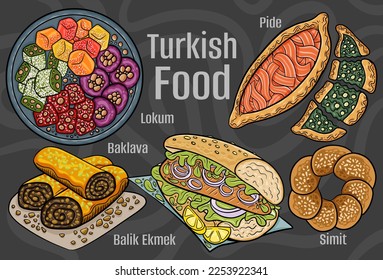 Turkish food. A set of classic dishes. Cartoon hand drawn illustration.