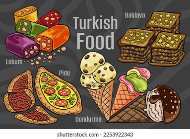 Turkish food. A set of classic dishes. Cartoon hand drawn illustration.