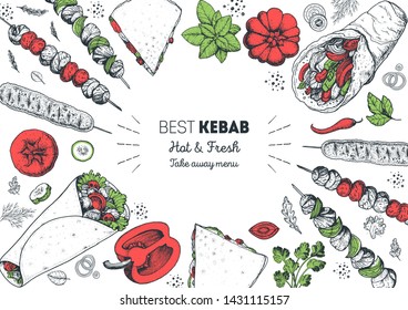 Turkish food. Shawarma hand drawn frame. Doner kebab and ingredients for kebab, sketch illustration. Arabic cuisine frame. Fast food menu design elements. Middle eastern food.