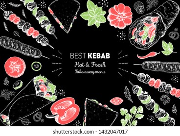 Turkish food. Shawarma hand drawn frame. Doner kebab and ingredients for kebab, sketch illustration. Arabic cuisine frame. Fast food menu design elements. Middle eastern food.