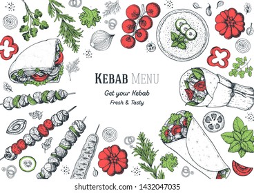 Turkish food. Shawarma hand drawn frame. Doner kebab and ingredients for kebab, sketch illustration. Arabic cuisine frame. Fast food menu design elements. Middle eastern food.