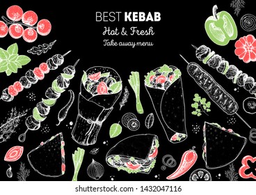 Turkish food. Shawarma hand drawn frame. Doner kebab and ingredients for kebab, sketch illustration. Arabic cuisine frame. Fast food menu design elements. Middle eastern food.