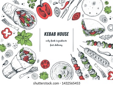 Turkish food. Shawarma hand drawn frame. Doner kebab and ingredients for kebab, sketch illustration. Arabic cuisine frame. Fast food menu design elements. Middle eastern food.