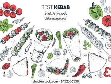 Turkish food. Shawarma hand drawn frame. Doner kebab and ingredients for kebab, sketch illustration. Arabic cuisine frame. Fast food menu design elements. Middle eastern food.