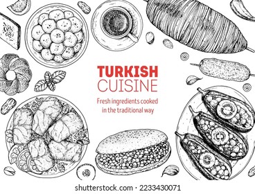 Türkisches Essen, Draufsicht, Vektorgrafik. Design-Vorlage für Speisemenüs. Handgezeichnete Skizze. Türkisches Essen. Vintage-Stil. Dolma, Kokorec, Imam bayildi, Kofta kebab, Lokma, Simit, Baklava