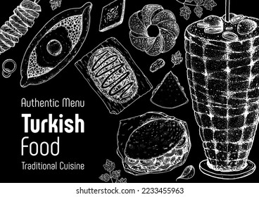 Turkish food top view vector illustration. Food menu design template. Hand drawn sketch. Turkish food menu. Vintage style. Pide, kumpir, doner kebab, simit, meat on spit, cag kebab