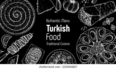 Turkish food top view vector illustration. Food menu design template. Hand drawn sketch. Turkish food menu. Vintage style. Borek, cag kebab, kumpir, pilaf, midye dolma, doner kebab, pita bread.