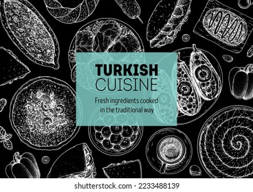 Turkish food top view vector illustration. Food menu design template. Hand drawn sketch. Turkish food menu. Vintage style. Lahmacun, Pide, Doner kebab, Borek, Imam bayildi, Dolma, Balik ekmek, Simit