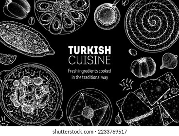 Turkish food top view vector illustration. Food menu design template. Hand drawn sketch. Turkish food menu. Vintage style. Midye dolma, Pide, Katmer, Gozleme, Pilaf, Borek.