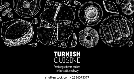 Turkish food top view vector illustration. Food menu design template. Hand drawn sketch. Turkish food menu. Vintage style. Doner kebab, katmer, gozleme, simit, turkish coffee, kadayif.