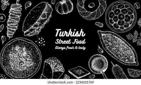 Turkish food top view vector illustration. Food menu design template. Hand drawn sketch. Turkish food menu. Vintage style. Cag kebab, balik ekmek, lahmacun, doner kebab, pide, simit, lokma.