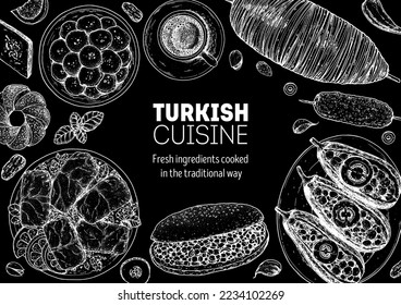 Turkish food top view vector illustration. Food menu design template. Hand drawn sketch. Turkish food menu. Vintage style. Dolma, Kokorec, Imam bayildi, Kofta kebab, Lokma, Simit, Baklava