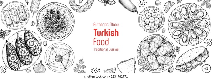 Turkish food top view vector illustration. Food menu design template. Hand drawn sketch. Turkish food menu. Vintage style. Imam Bayildi, Lahmacun, Katmer, Simit, Dolma, Dolma, Balik Ekmek, Kebab