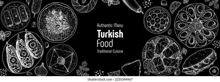 Turkish food top view vector illustration. Food menu design template. Hand drawn sketch. Turkish food menu. Vintage style. Imam Bayildi, Lahmacun, Katmer, Simit, Dolma, Dolma, Balik Ekmek, Kebab