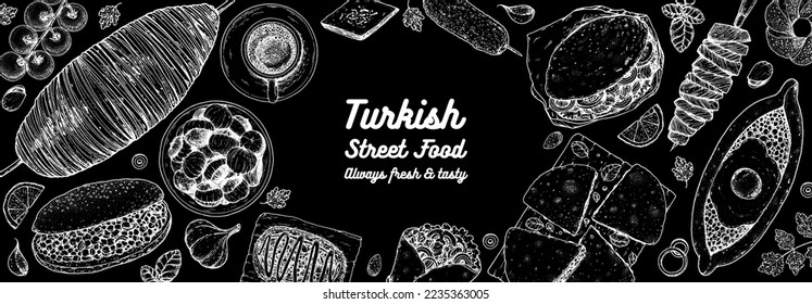 Türkisches Essen, Draufsicht, Vektorgrafik. Design-Vorlage für Speisemenüs. Handgezeichnete Skizze. Türkisches Essen. Vintage-Stil. Kokorec, Katmer, Pide, Cag Kebab, Doner Kebab, Gozleme, Kofta, Simit