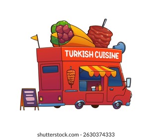 Carro de caminhão de comida turco, festival de desenhos animados rua food truck van com um grande kebab, wrap, e skewers no topo. Vetor cozinha internacional fornecedor móvel com uma janela de take-away, menu board e toldo