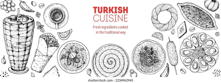 Turkish food vector illustration. Food menu design template. Hand drawn sketch. Turkish food menu. Vintage style. Doner kebab, Pita, Shawarma, Midye Dolma, Lahmacun, Borek, Pide, Pilaf