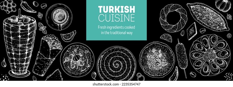 Turkish food vector illustration. Food menu design template. Hand drawn sketch. Turkish food menu. Vintage style. Doner kebab, Pita, Shawarma, Midye Dolma, Lahmacun, Borek, Pide, Pilaf