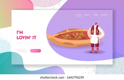 Turkish Food Website Landing Page. Man Wearing Traditional Turkey Costume Stand near Pide or Pita with Meat, Cheese and Greenery. Culinary Tourism Web Page Banner. Cartoon Flat Vector Illustration