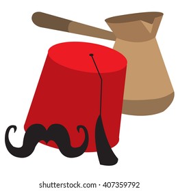 Turkish fresh hot coffee and Fez color illustration.