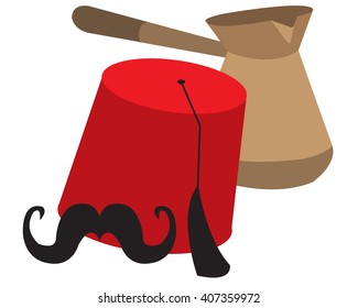 Turkish fresh hot coffee and Fez color illustration.