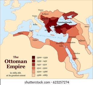 Turkish history - The Ottoman Empire at its greatest extent in 1683 - overview map of its territory expansion and military acquisition in Europe, Asia and Africa - vector illustration.
