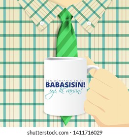 Turkish holiday "Babalar Gunu Sen Dunyanin En iyi babasisin" Translate: "Happy Father`s Day you are best dad in the world" Calligraphy greeting card. Vector illustration.