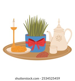 Turkish holiday Navruz, Persian New Year. Novruz setting table decoration. Wheat grass, dates, cookies, candle, teapot