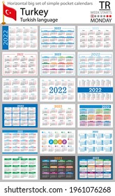 Turkish horizontal Big set of pocket calendars for 2022 (two thousand twenty two). Week starts Monday. New year. Color simple design. Vector