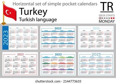 Turkish horizontal pocket calendar for 2023 (two thousand twenty three). Week starts Monday. New year. Color simple design. Vector