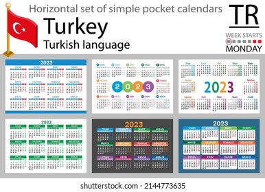 Turkish horizontal pocket calendar for 2023 (two thousand twenty three). Week starts Monday. New year. Color simple design. Vector