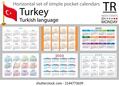 Turkish horizontal pocket calendar for 2023 (two thousand twenty three). Week starts Monday. New year. Color simple design. Vector