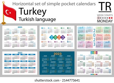 Turkish horizontal pocket calendar for 2023 (two thousand twenty three). Week starts Monday. New year. Color simple design. Vector