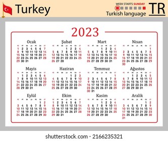 Turkish horizontal pocket calendar for 2023 (two thousand twenty three). Week starts Sunday. New year. Color simple design. Vector