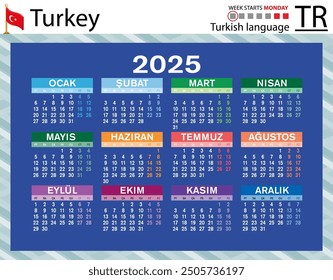 Turkish horizontal pocket calendar for 2025 (two thousand twenty five). Week starts Monday. New year. Color simple design. Vector