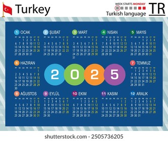 Turkish horizontal pocket calendar for 2025 (two thousand twenty five). Week starts Monday. New year. Color simple design. Vector
