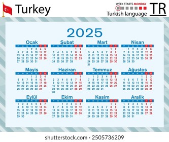 Turkish horizontal pocket calendar for 2025 (two thousand twenty five). Week starts Monday. New year. Color simple design. Vector
