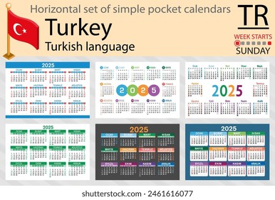 Conjunto Horizontal turco de calendario de bolsillo para 2025 (dos mil veinticinco). La semana empieza el domingo. Nuevo año. Diseño de color simple. Vector