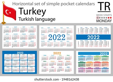 Turkish horizontal set of pocket calendars for 2022 (two thousand twenty two). Week starts Monday. New year. Color simple design. Vector