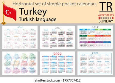 Turkish horizontal set of pocket calendars for 2022 (two thousand twenty two). Week starts Sunday. New year. Color simple design. Vector