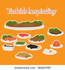 Turkish hospitality Middle East Food. Common main and side dishes, desserts.Traditional food  of Turkish cuisine vector