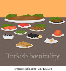 Turkish hospitality Middle East Food. Common main and side dishes, desserts.Traditional food  of Turkish cuisine vector